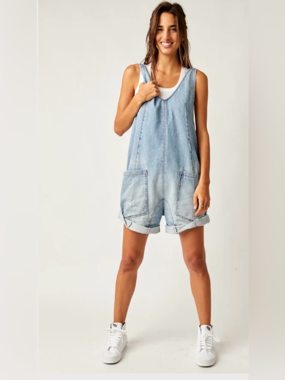 We The Free Free People High Roller Denim Shortall Bright Eyes Large L NWT